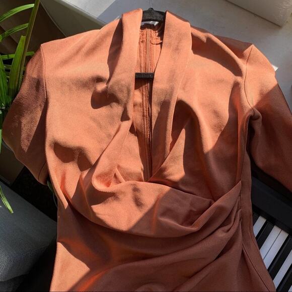 HOUSE OF CB Tan Brown Francesca Bandage Draped Cowl Stretch Midi Bodycon Dress - Picture 2 of 14